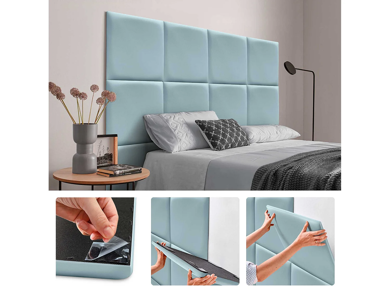 DHOME Panneaux Rembourrés en Similicuir Autocollants pour Mur Acoustiques Absorbants Protection contre les Chocs Têtes de Lit (bleu clair, 50x50cm)