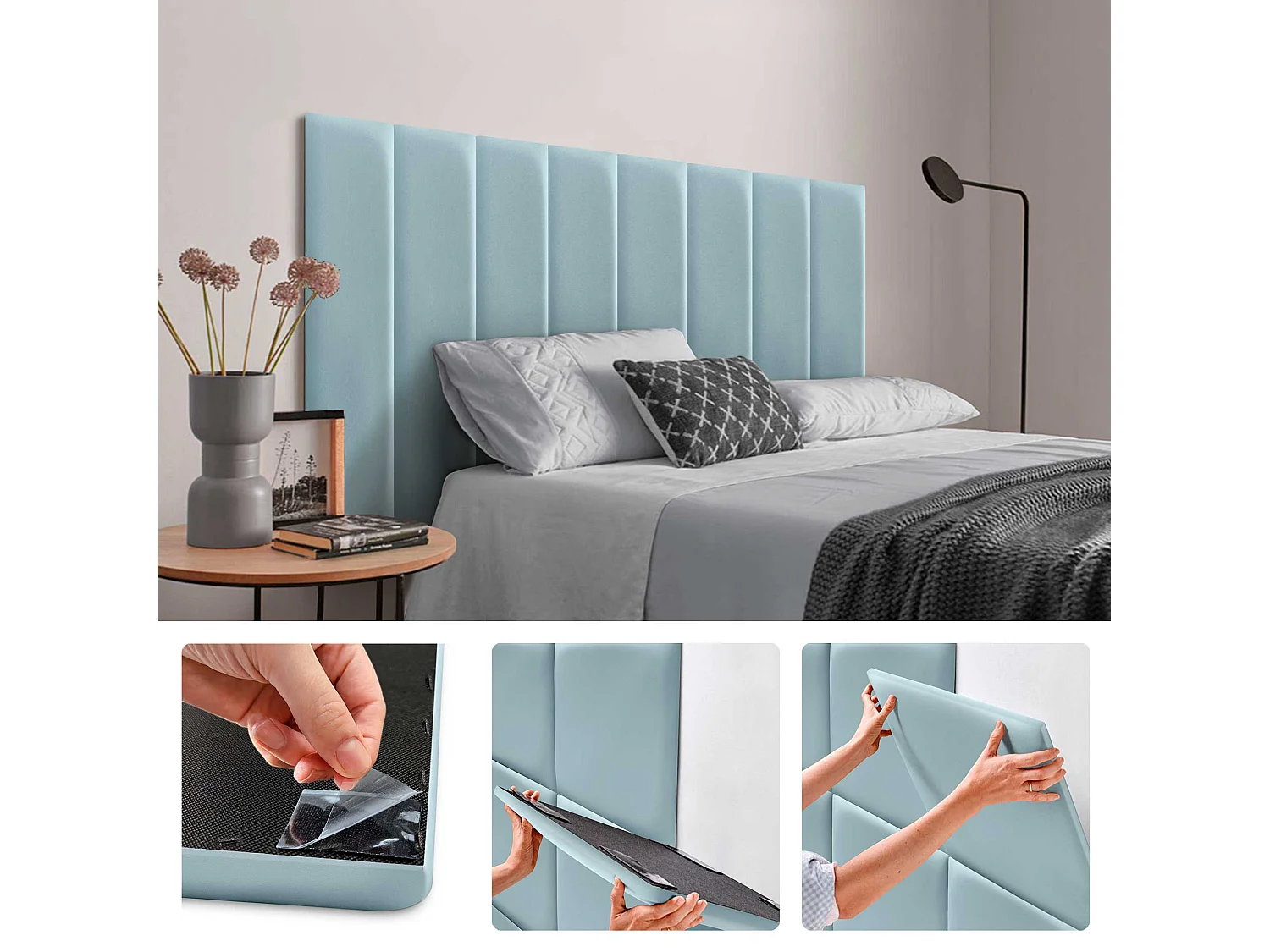 DHOME Panneaux Rembourrés en Similicuir Autocollants pour Mur Acoustiques Absorbants Protection contre les Chocs Têtes de Lit (bleu clair, 60x20cm)