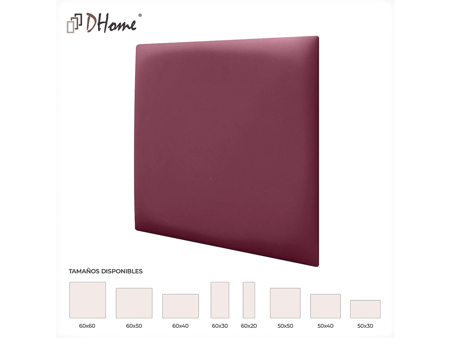 Lot de 1 panneau rembourré en similicuir écologique DHOME, autocollant pour protection acoustique murale absorbante (Rouge vin, 50 x 50 cm, x1)
