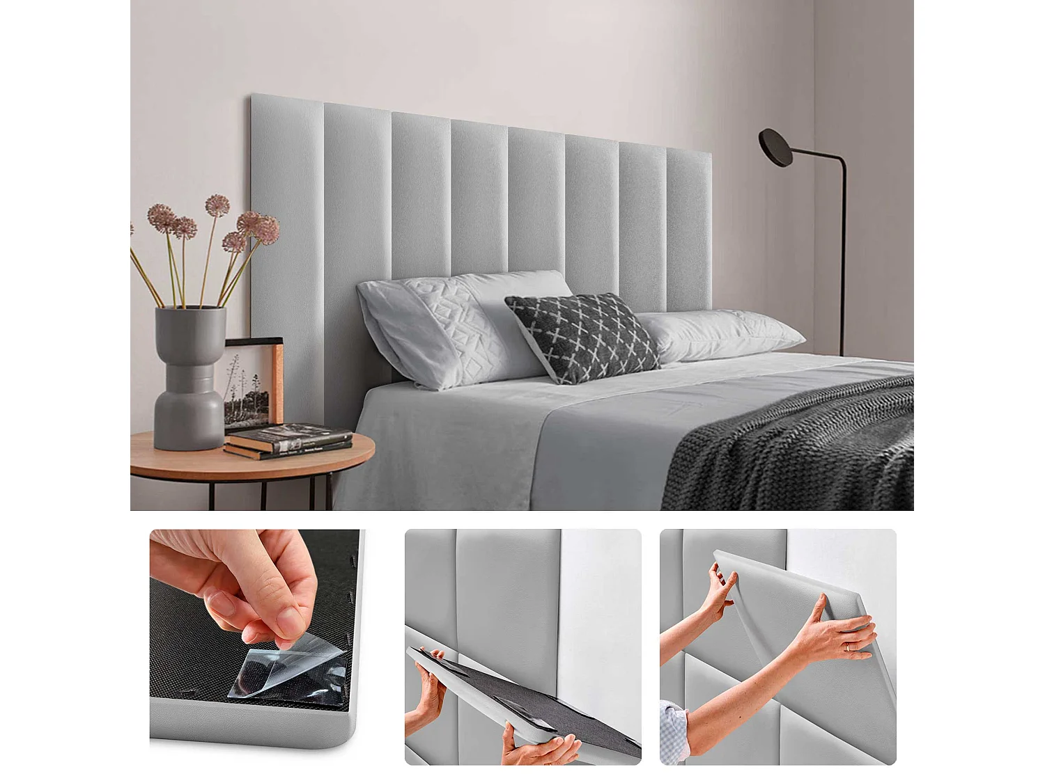 DHOME Selbstklebende Wandpaneele aus Kunstleder, schallabsorbierender Schutz, Stoßschutz, Kopfteile, Dekoration (HellGrau, 60 x 20 cm)