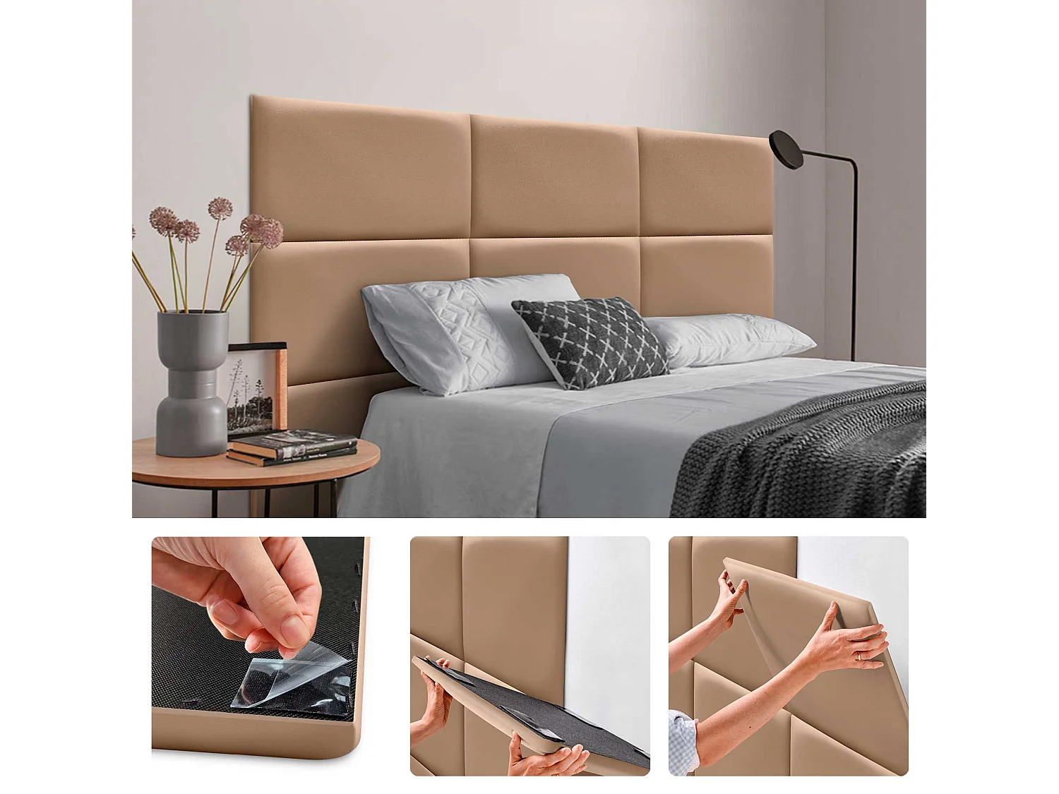 DHOME Panneaux Rembourrés en Similicuir Autocollants pour Mur Acoustiques Absorbants Protection contre les Chocs Têtes de Lit (marron clair, 50x40cm)