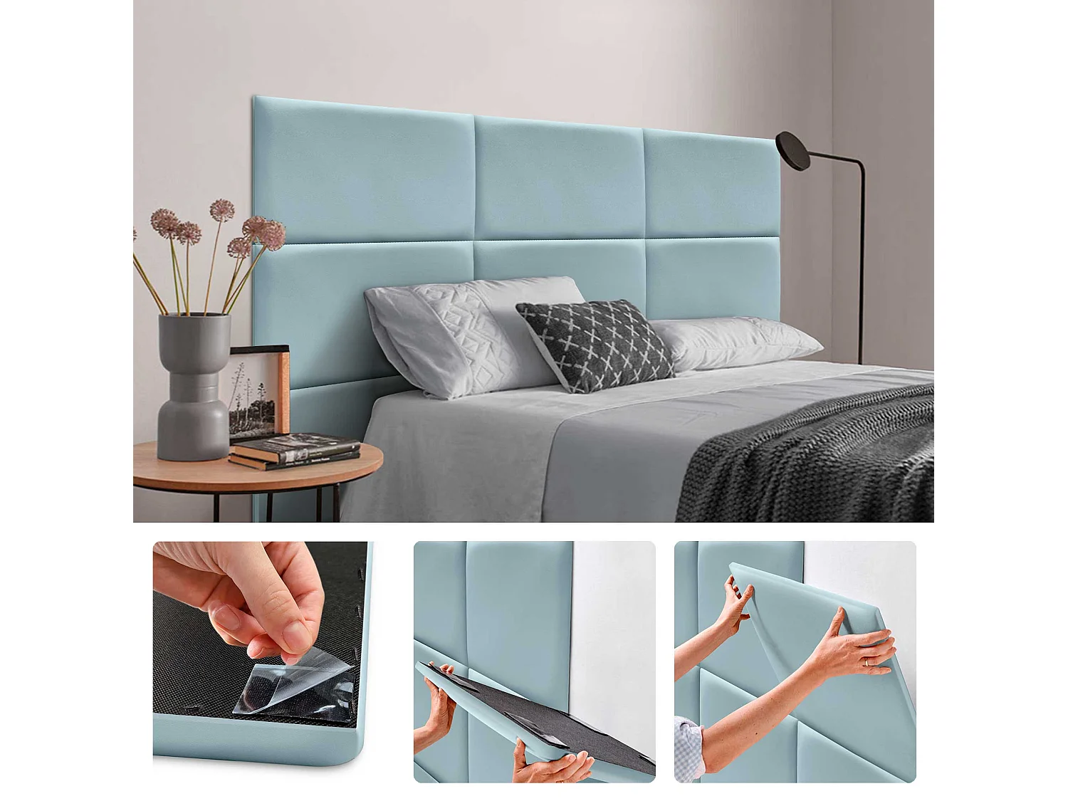 DHOME Panneaux Rembourrés en Similicuir Autocollants pour Mur Acoustiques Absorbants Protection contre les Chocs Têtes de Lit (bleu clair, 50x30cm)