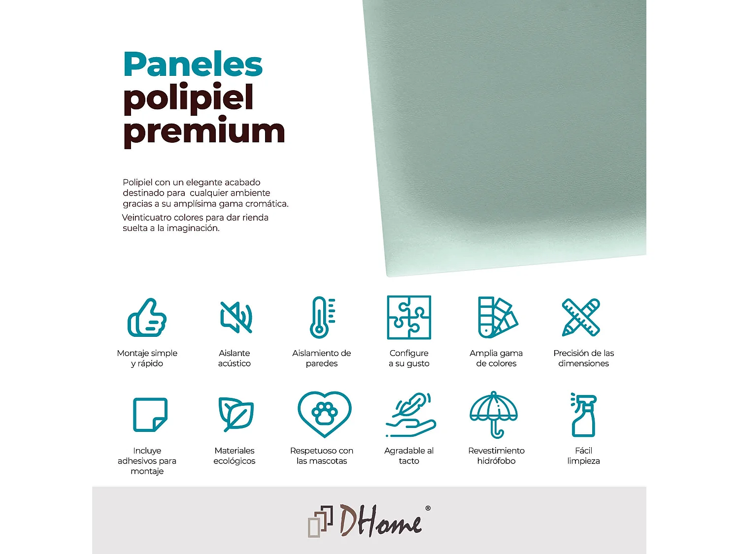 DHOME Panneaux Rembourrés en Similicuir Autocollants pour Mur Acoustiques Absorbants Protection contre les Chocs Têtes de Lit (vert d'eau, 60x40cm)