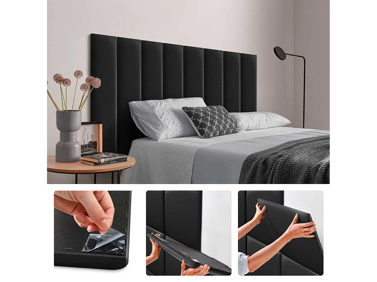 DHOME Selbstklebende Wandpaneele aus Kunstleder, schallabsorbierender Schutz, Stoßschutz, Kopfteile, Dekoration (Schwarz, 60 x 20 cm)