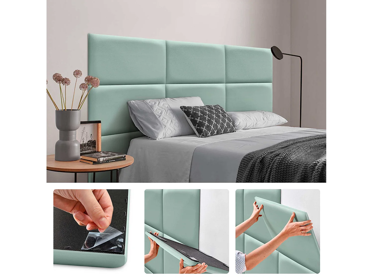 DHOME Panneaux Rembourrés en Similicuir Autocollants pour Mur Acoustiques Absorbants Protection contre les Chocs Têtes de Lit (vert d'eau, 50x40cm)