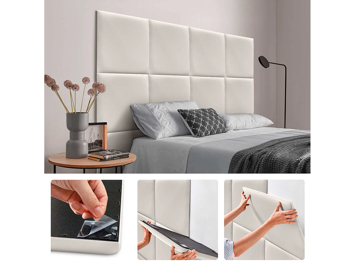 DHOME Panneaux Rembourrés en Similicuir Autocollants pour Mur Acoustiques Absorbants Protection contre les Chocs Têtes de Lit (blanc cassé, 60x60cm)