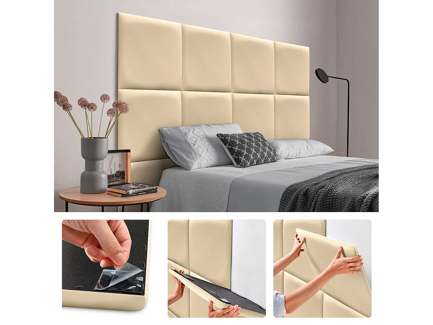 DHOME Panneaux Rembourrés en Similicuir Autocollants pour Mur Acoustiques Absorbants Protection contre les Chocs Têtes de Lit (vanille, 60x60cm)