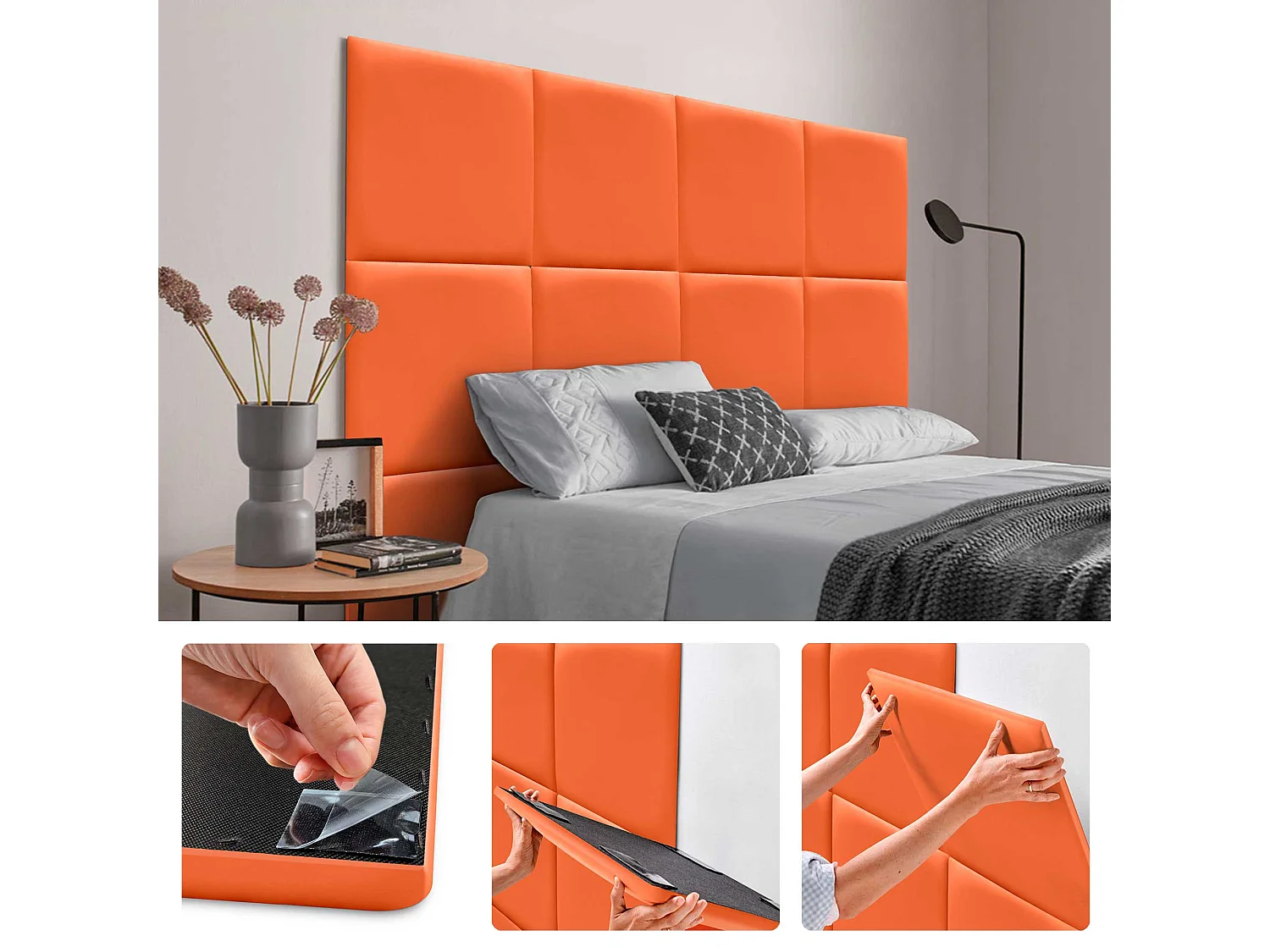 Lot de 1 panneau rembourré en similicuir écologique DHOME autocollant pour protection acoustique murale absorbante (Orange, 60 x 60 cm, x6)
