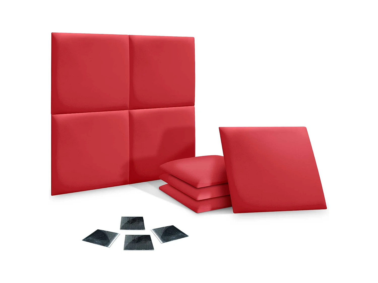 DHOME Conjunto de 8 painéis estofados em couro sintético ecológico Pacote autoadesivo para proteção acústica absorvente de parede (Vermelho, 50x50 cmx8)