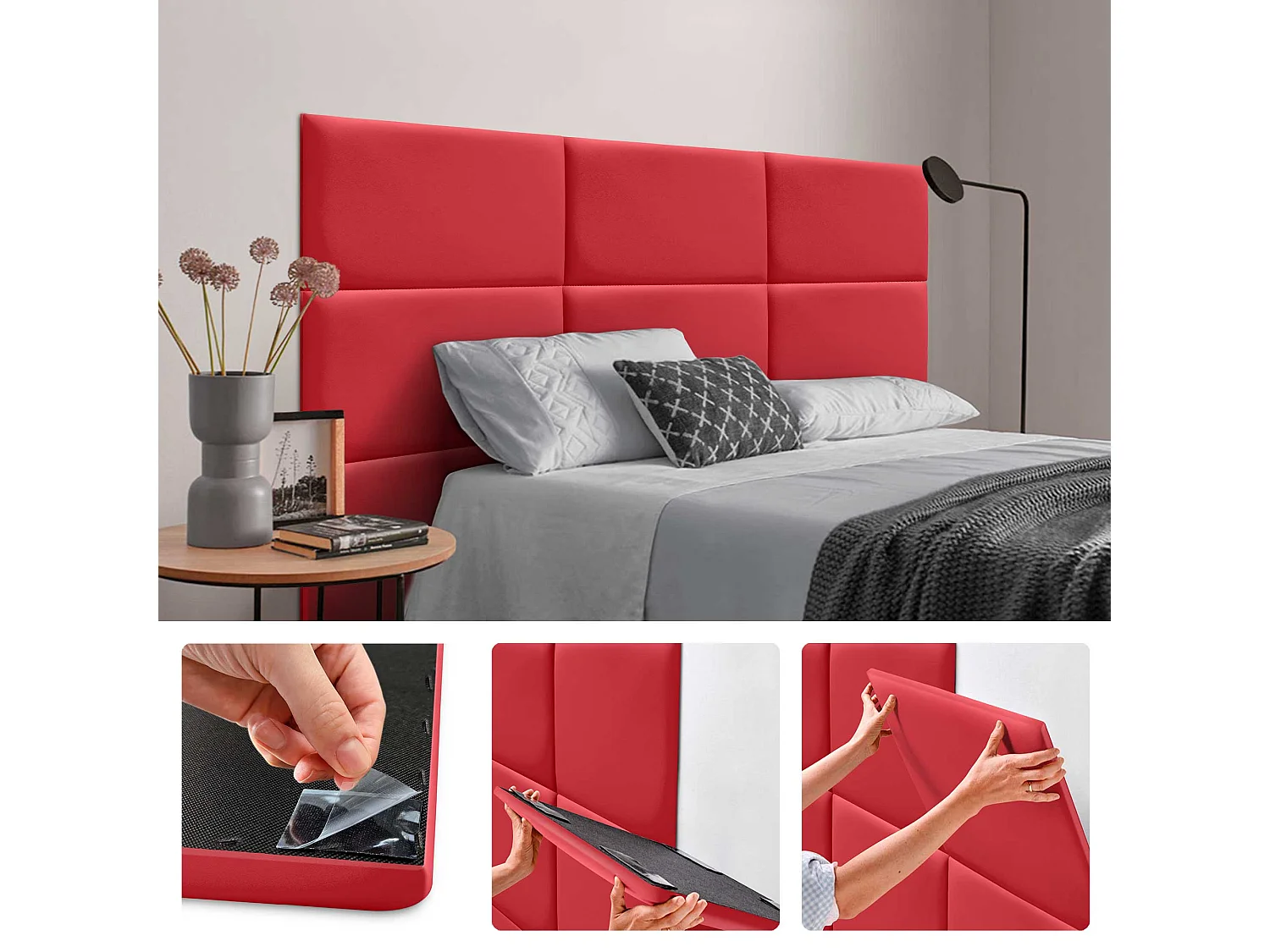 Lot de 1 panneau rembourré en similicuir écologique DHOME autocollant pour protection acoustique murale absorbante (Rouge, 50 x 40 cm, x1)