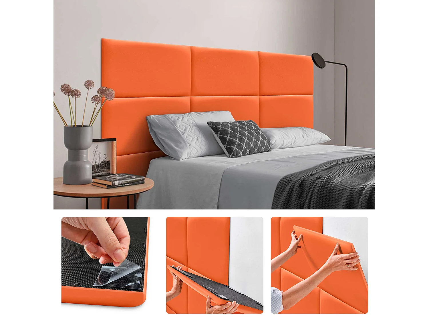 Lot de 1 panneau rembourré en similicuir écologique DHOME autocollant pour protection acoustique murale absorbante (Orange, 50 x 40 cm, x1)