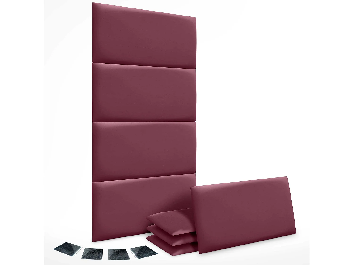 Lot de 8 panneaux rembourrés en similicuir écologique DHOME,pack autocollant pour protection acoustique murale absorbante (Rouge vin,50 x 30 cm,x8)