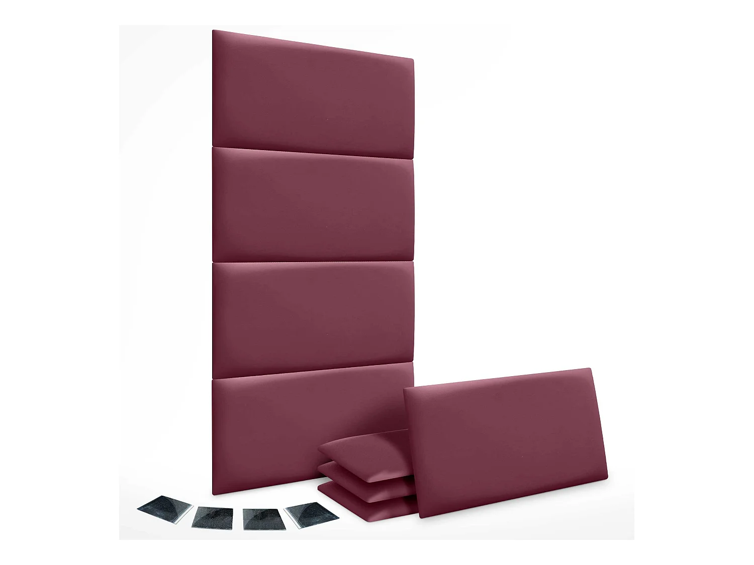 Lot de 8 panneaux rembourrés en similicuir écologique DHOME,pack autocollant pour protection acoustique murale absorbante (Rouge vin,50 x 30 cm,x8)