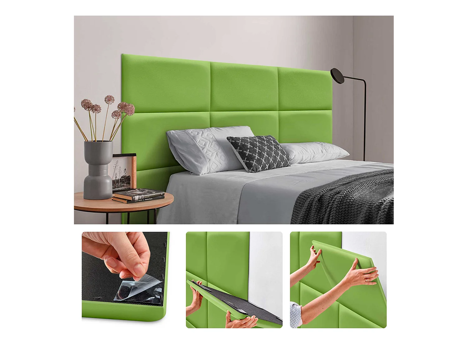 Lot de 8 panneaux rembourrés en similicuir écologique DHOME, pack autocollant pour protection acoustique murale absorbante (Vert, 60 x 40 cm, x8)