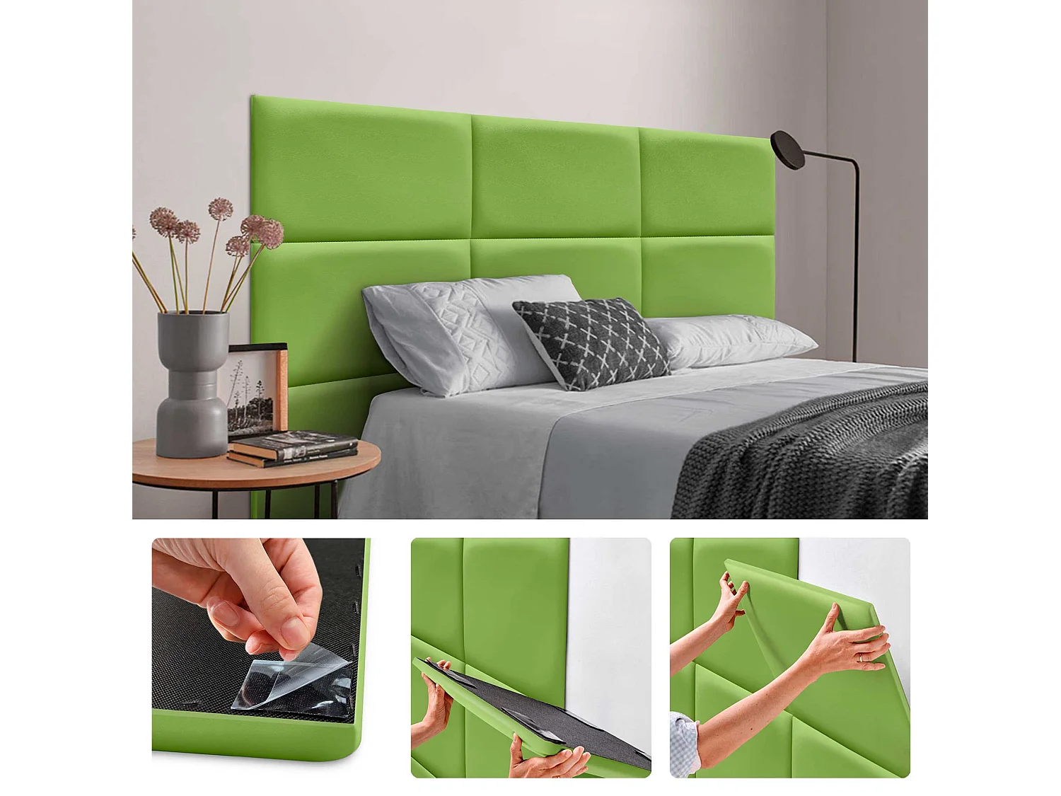 Lot de 1 panneau rembourré en similicuir écologique DHOME autocollant pour protection acoustique murale absorbante (Vert, 60 x 50 cm, x6)