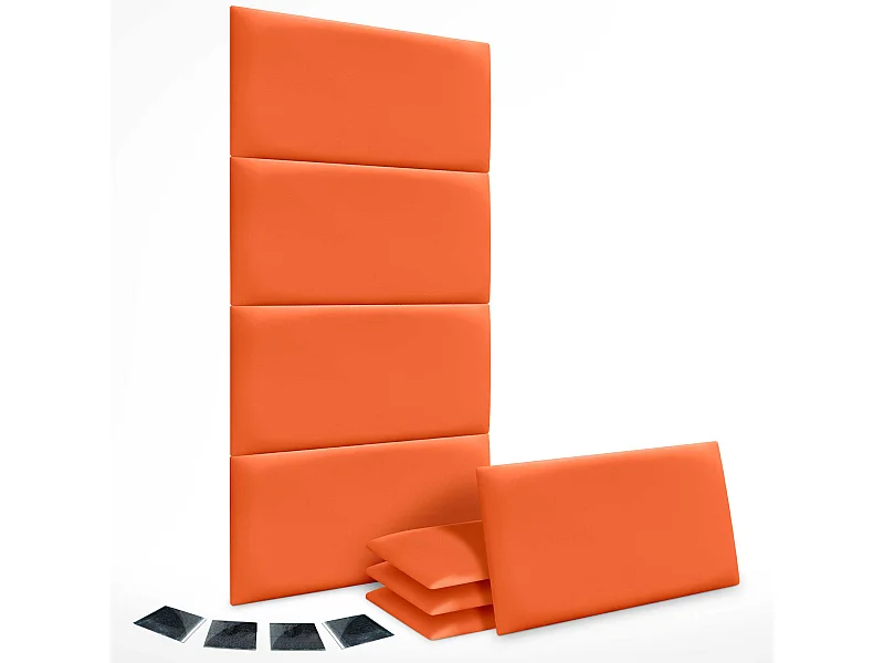 Lot de 8 panneaux rembourrés en similicuir écologique DHOME, pack autocollant pour protection acoustique murale absorbante (Orange, 60 x 40 cm, x8)