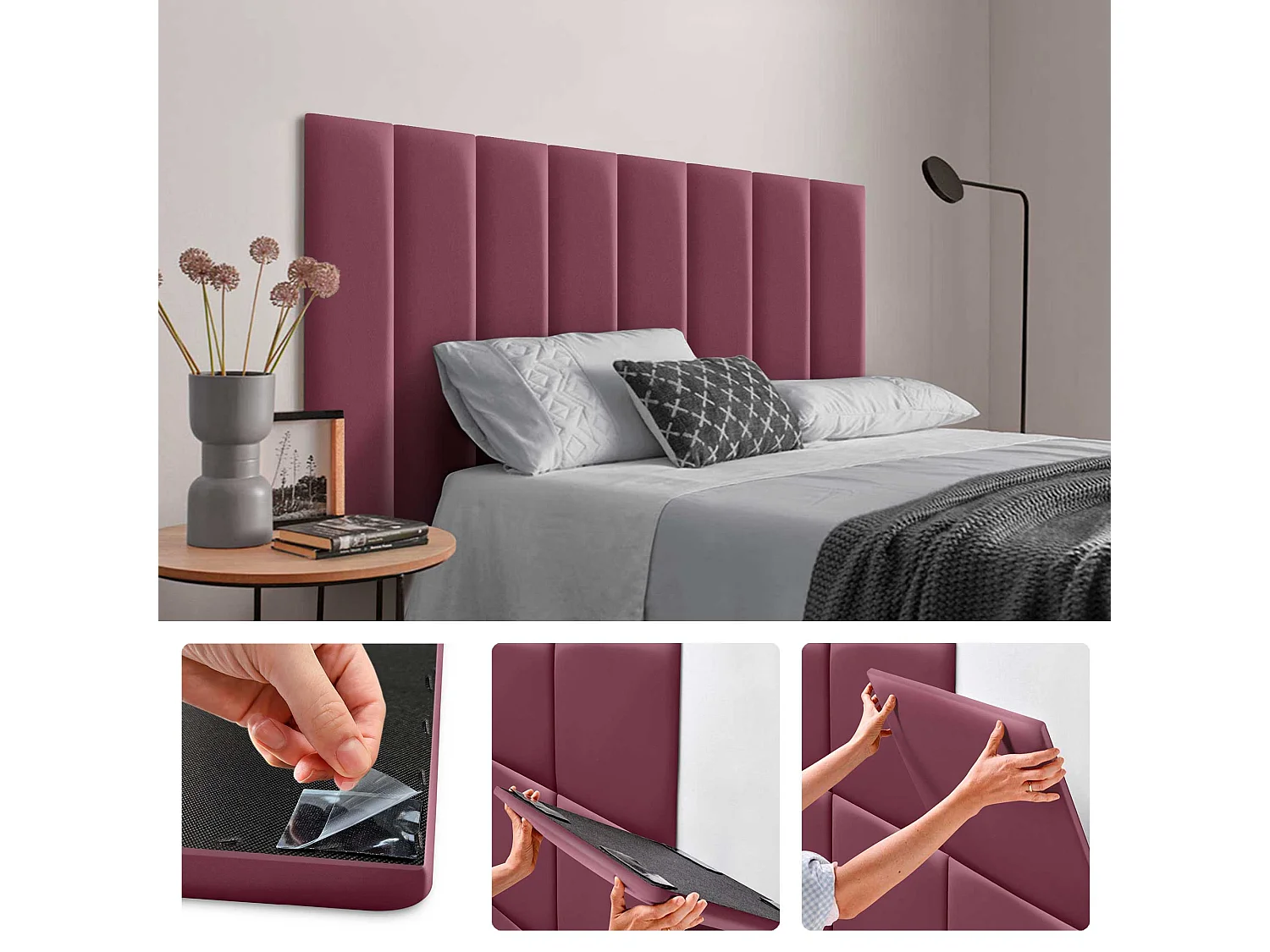 DHOME Panneaux Rembourrés en Similicuir Autocollants pour Mur Acoustiques Absorbants Protection contre les Chocs Têtes de Lit (rouge vin, 60x20cm)