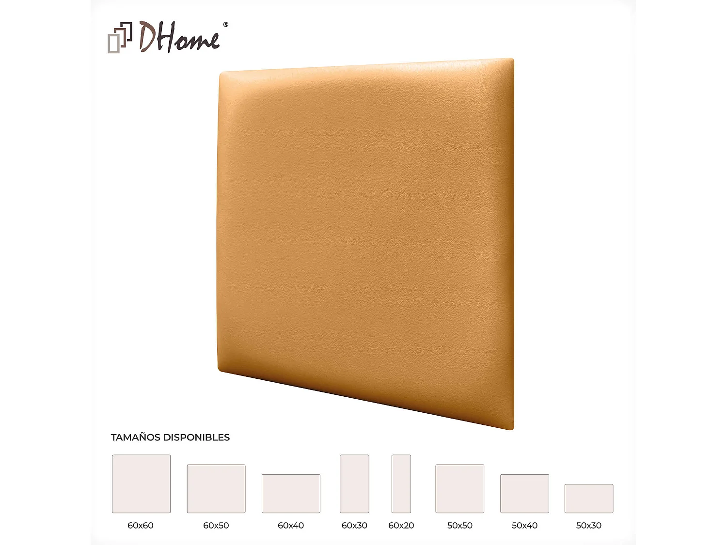 Lot de 8 panneaux rembourrés en similicuir écologique DHOME, pack autocollant pour protection acoustique murale absorbante (or, 60 x 60 cm, x8)
