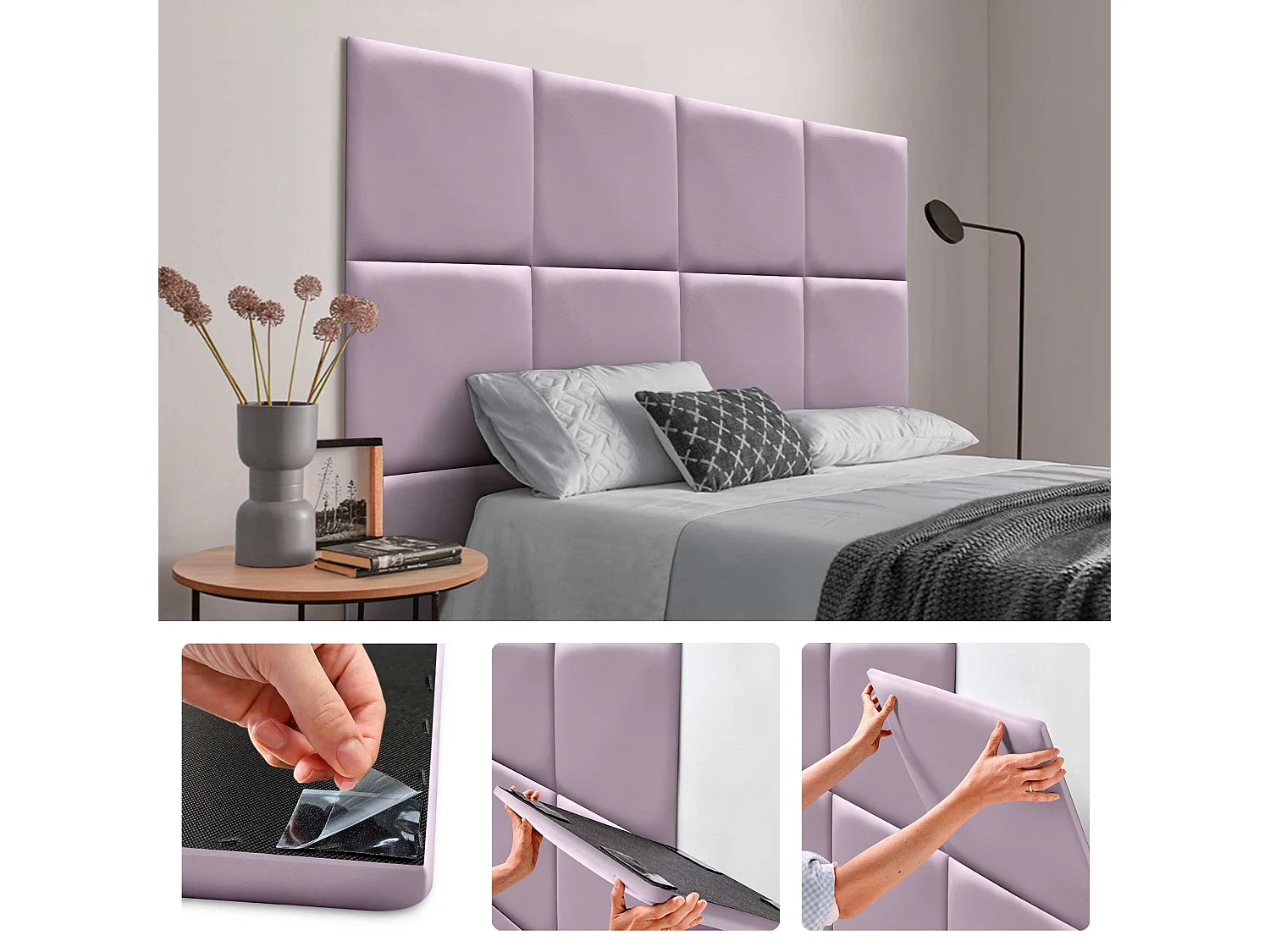 Lot de 1 panneau rembourré en similicuir écologique DHOME autocollant pour protection acoustique murale absorbante (Lilas, 50 x 50 cm, x1)