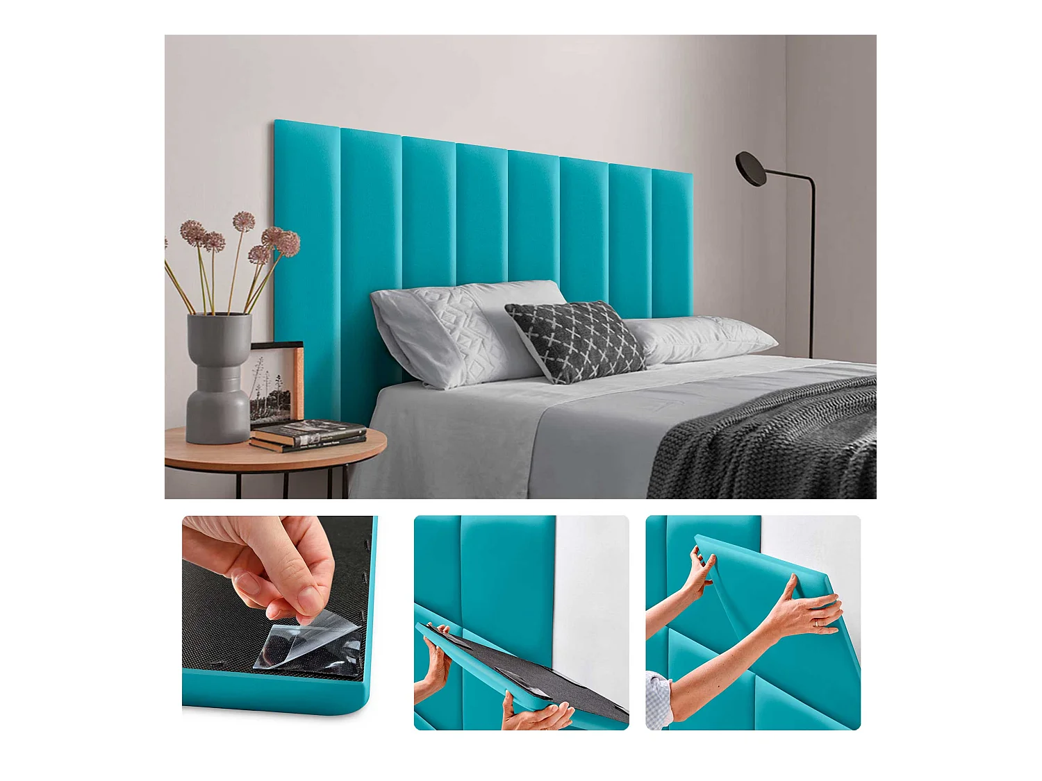 DHOME Selbstklebende Wandpaneele aus Kunstleder, schallabsorbierender Schutz, Stoßschutz, Kopfteile, Dekoration (Türkis, 60 x 20 cm)