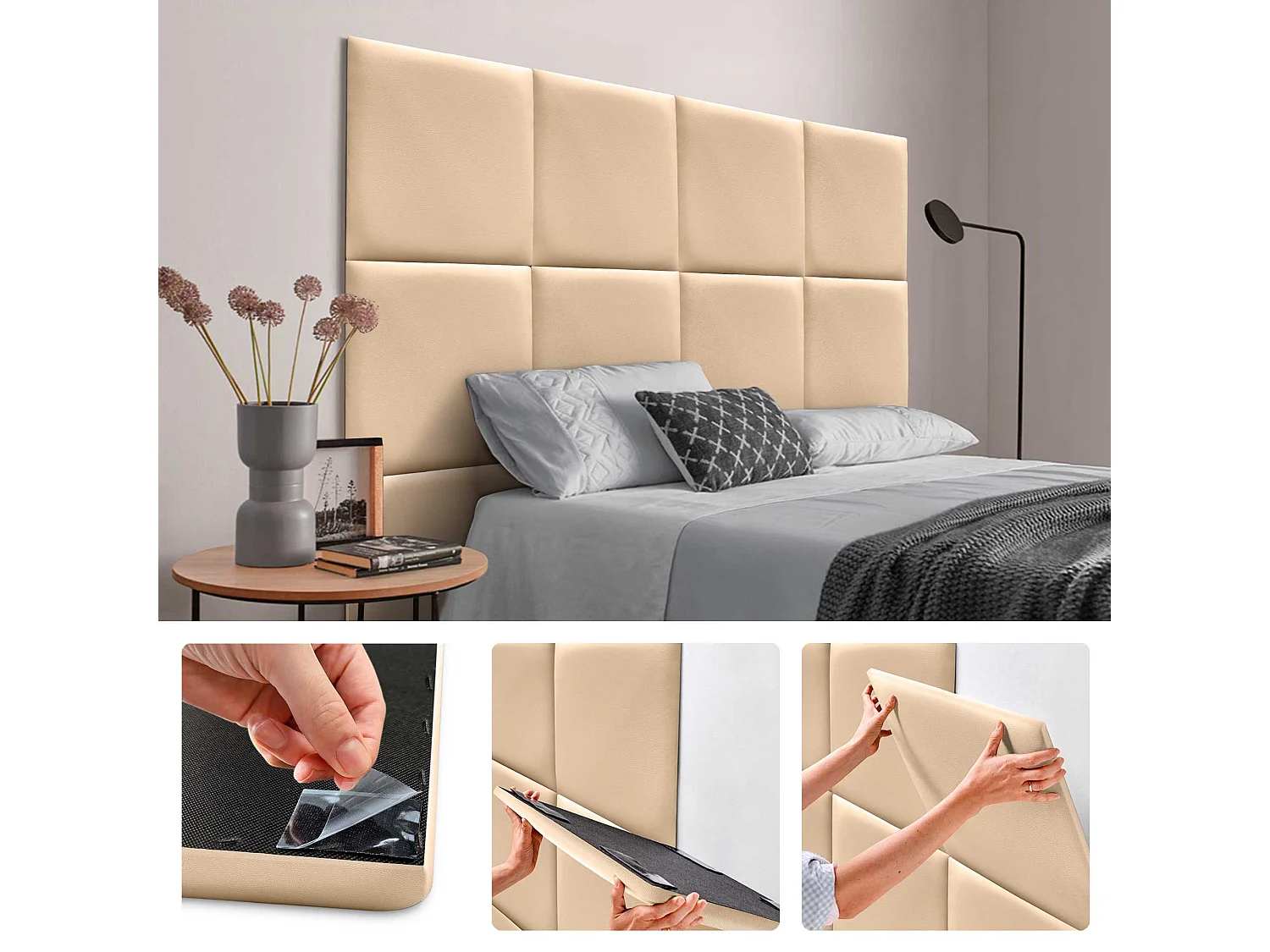 DHOME Panneaux Rembourrés en Similicuir Autocollants pour Mur Acoustiques Absorbants Protection contre les Chocs Têtes de Lit (beige, 50x50cm)