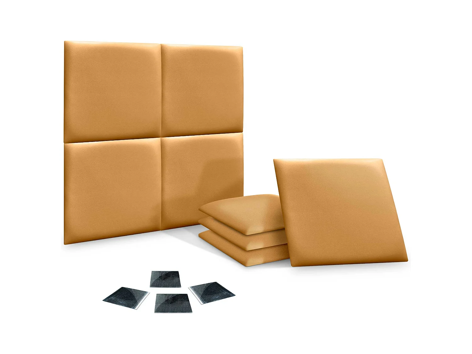 Lot de 8 panneaux rembourrés en similicuir écologique DHOME, pack autocollant pour protection acoustique murale absorbante (or, 50 x 50 cm, x8)