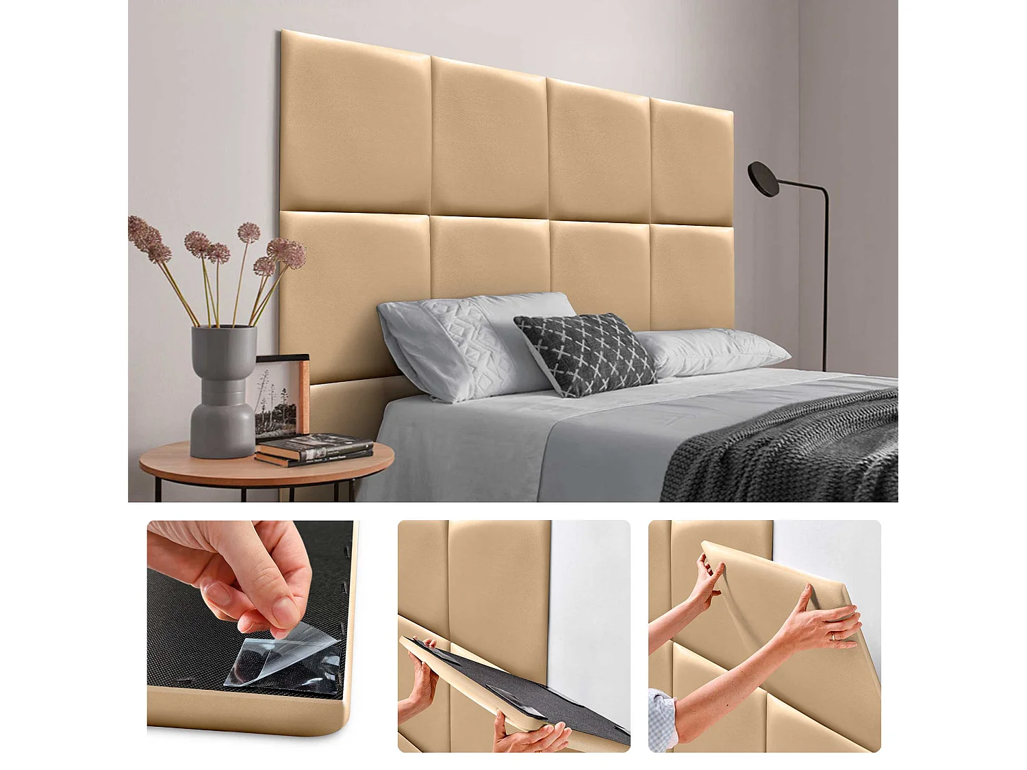 DHOME Panneaux Rembourrés en Similicuir Autocollants pour Mur Acoustiques Absorbants Protection contre les Chocs Têtes de Lit (Champagne, 50x50cm)