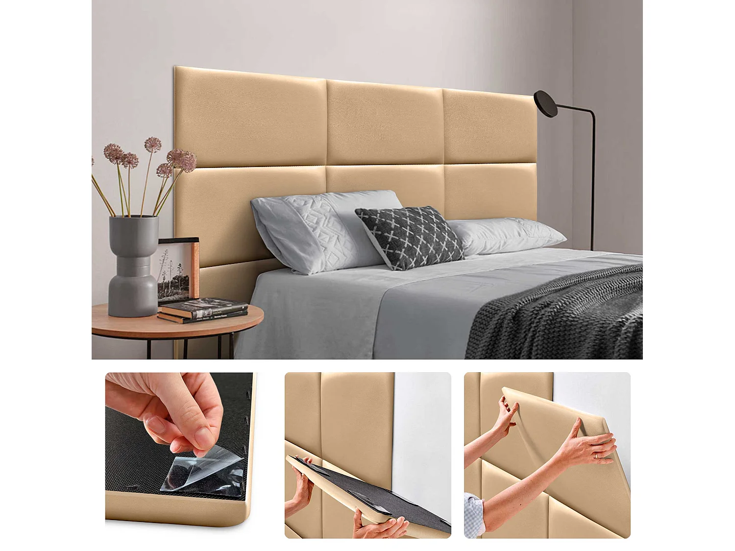 DHOME Panneaux Rembourrés en Similicuir Autocollants pour Mur Acoustiques Absorbants Protection contre les Chocs Têtes de Lit (Champagne, 50x40cm)