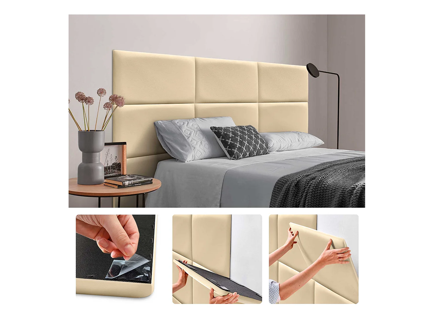 Lot de 8 panneaux rembourrés en similicuir écologique DHOME, pack autocollant pour protection acoustique murale absorbante (Vanille, 60 x 40 cm, x8)