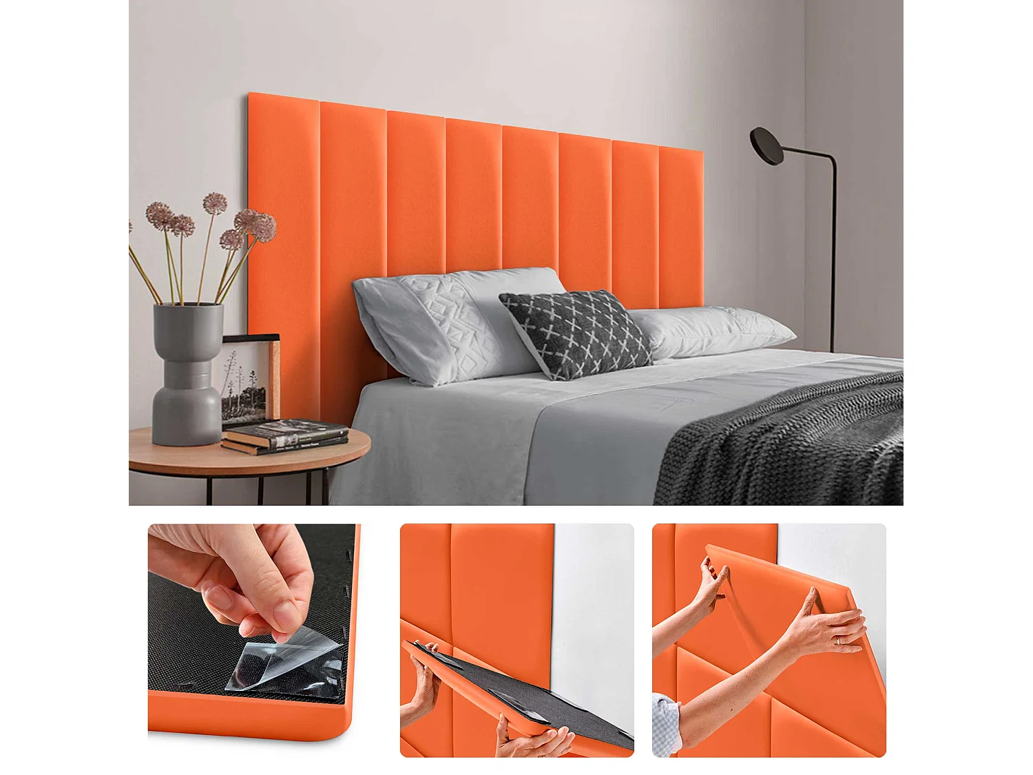 Lot de 8 panneaux rembourrés en similicuir écologique DHOME, pack autocollant pour protection acoustique murale absorbante (Orange, 60 x 20 cm, x8)