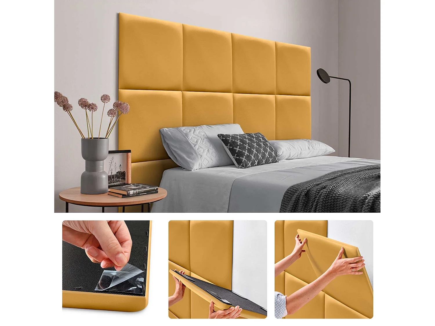 Lot de 8 panneaux rembourrés en similicuir écologique DHOME, pack autocollant pour protection acoustique murale absorbante (Moutarde, 50 x 50 cm, x8)