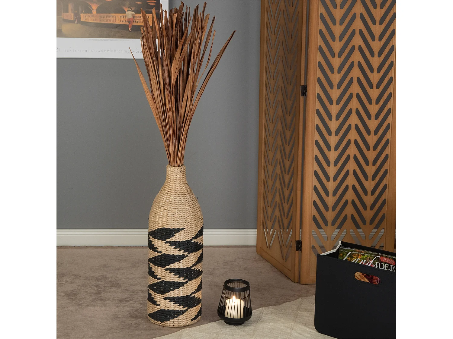 VASE Raya  60  cm, geflochtenes Stroh natur-schwarz