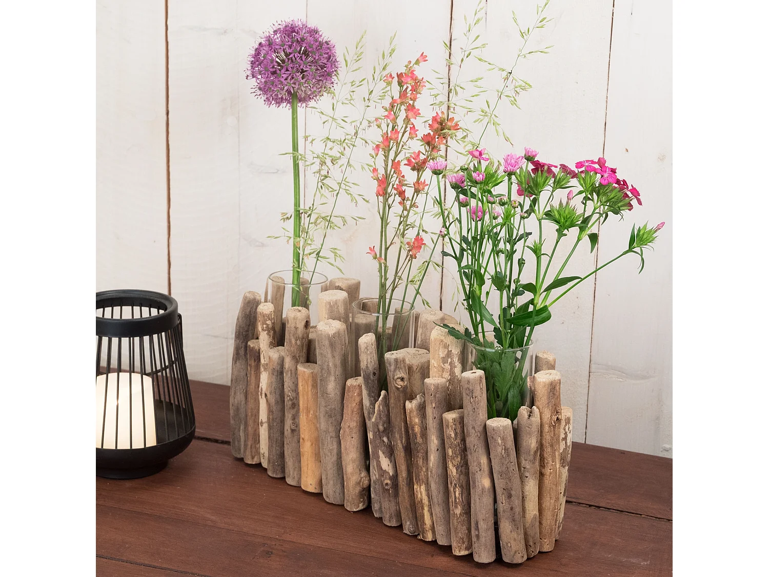 VASE Yela 35x18x11 cm, bois flotté, 3 verres couleurs naturelles