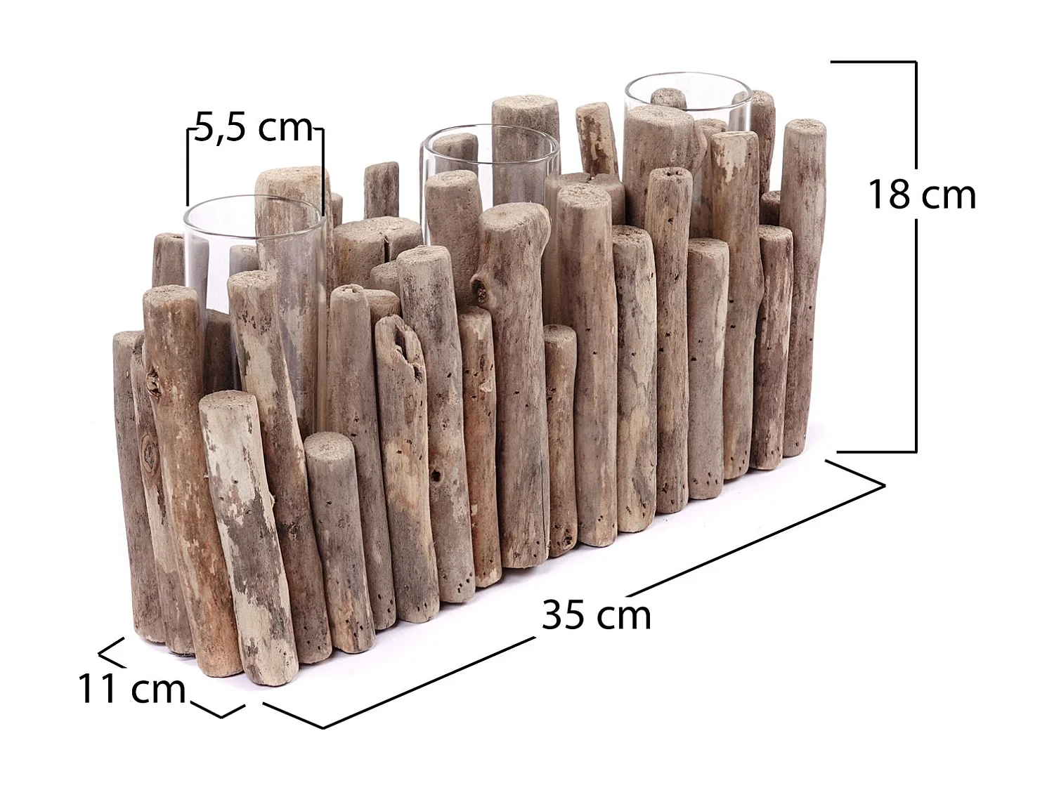 VASE Yela 35x18x11 cm, bois flotté, 3 verres couleurs naturelles