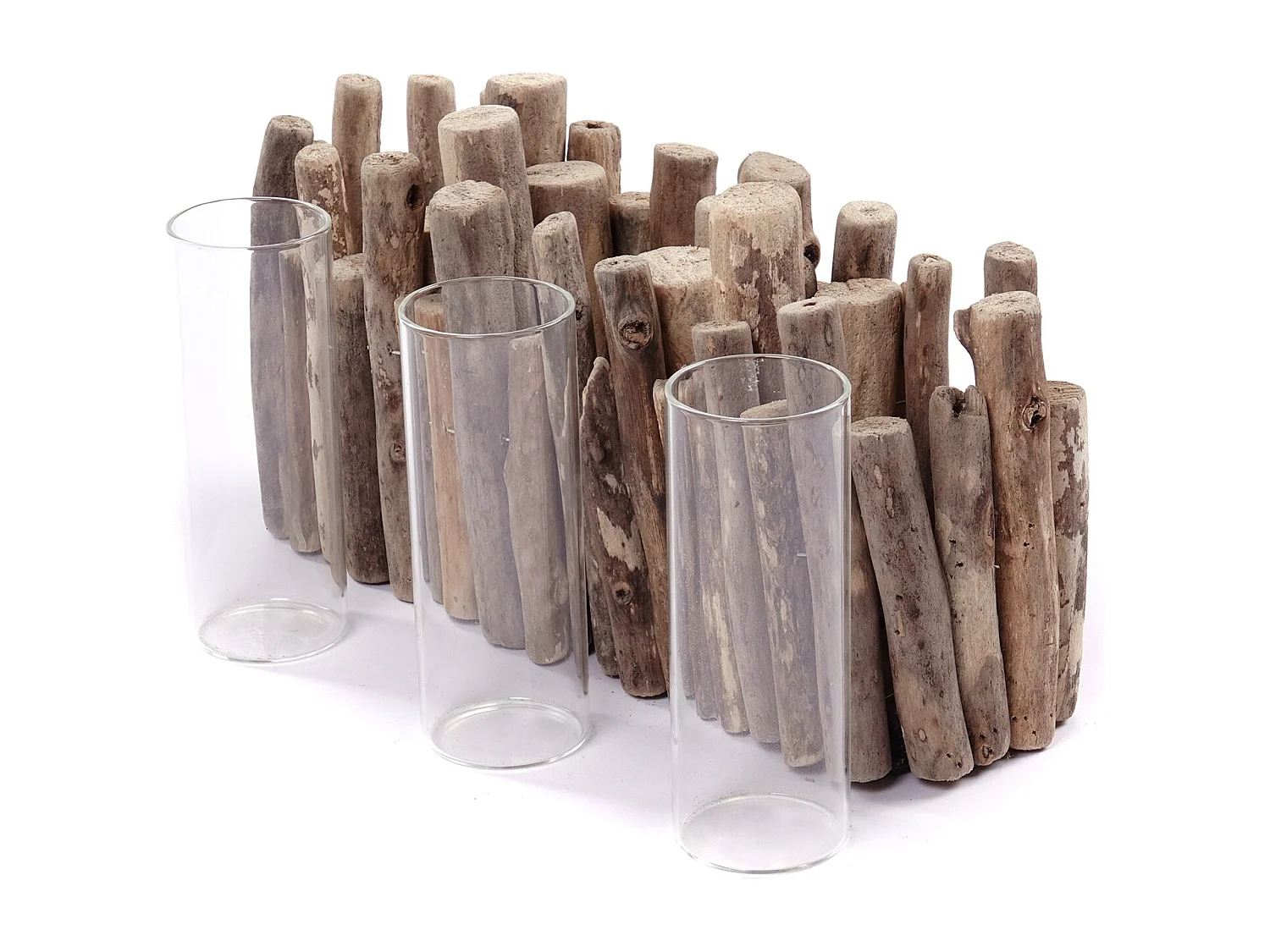 VASE Yela 35x18x11 cm, bois flotté, 3 verres couleurs naturelles