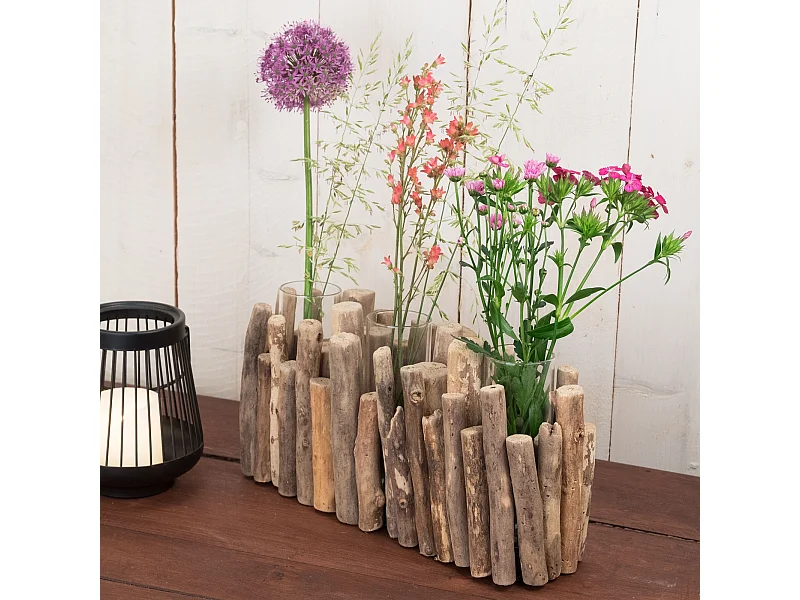 VASE Yela 35x18x11 cm, bois flotté, 3 verres couleurs naturelles