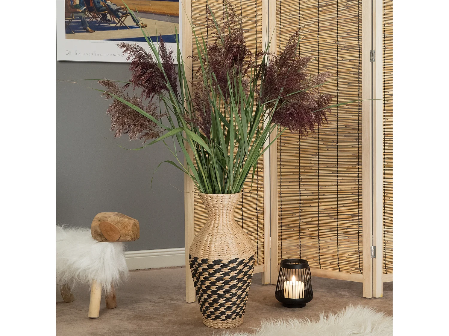 VASE Cadre 40 cm, paille tressée nature-noir