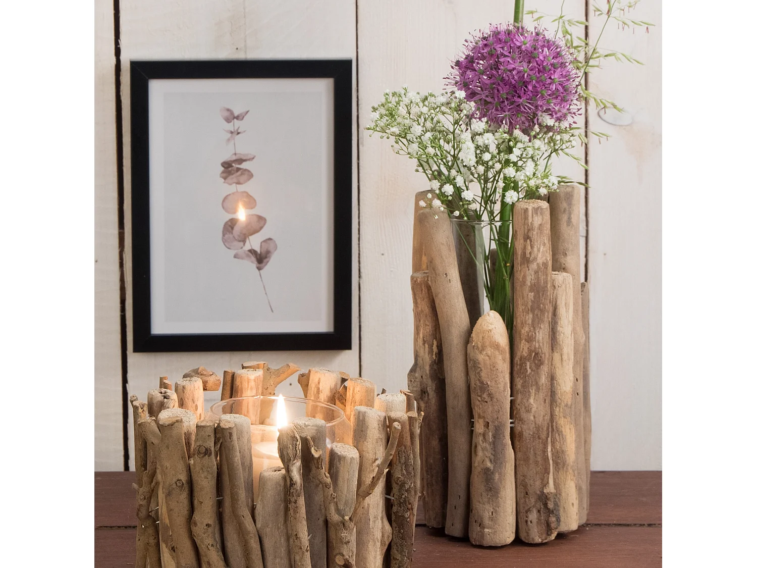 VASE Mira 22x11 cm, bois flotté, verre couleurs naturelles