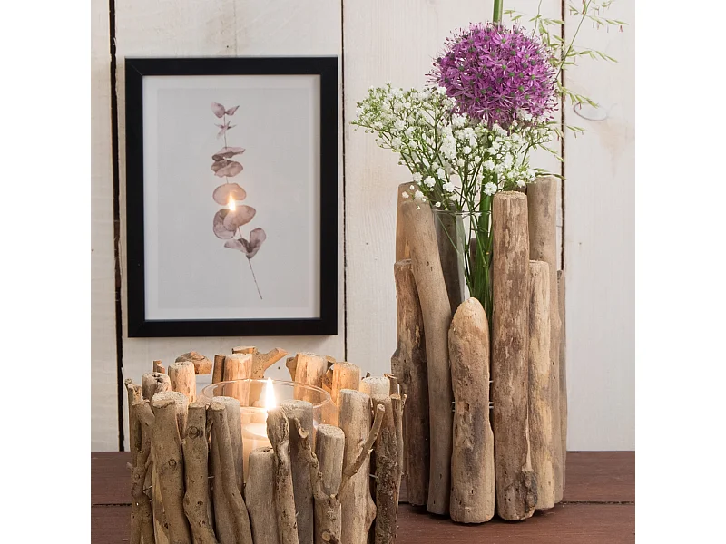 VASE Mira 22x11 cm, bois flotté, verre couleurs naturelles