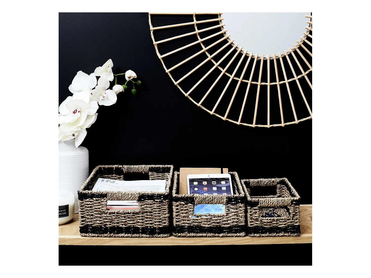 Lot de 3 Paniers de Rangement "Mirage" 35cm Noir