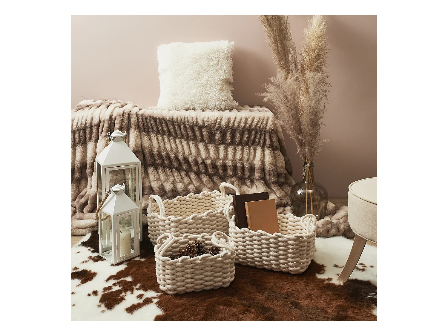 Lot de 3 Paniers de Rangement "Tricot" 45cm Blanc