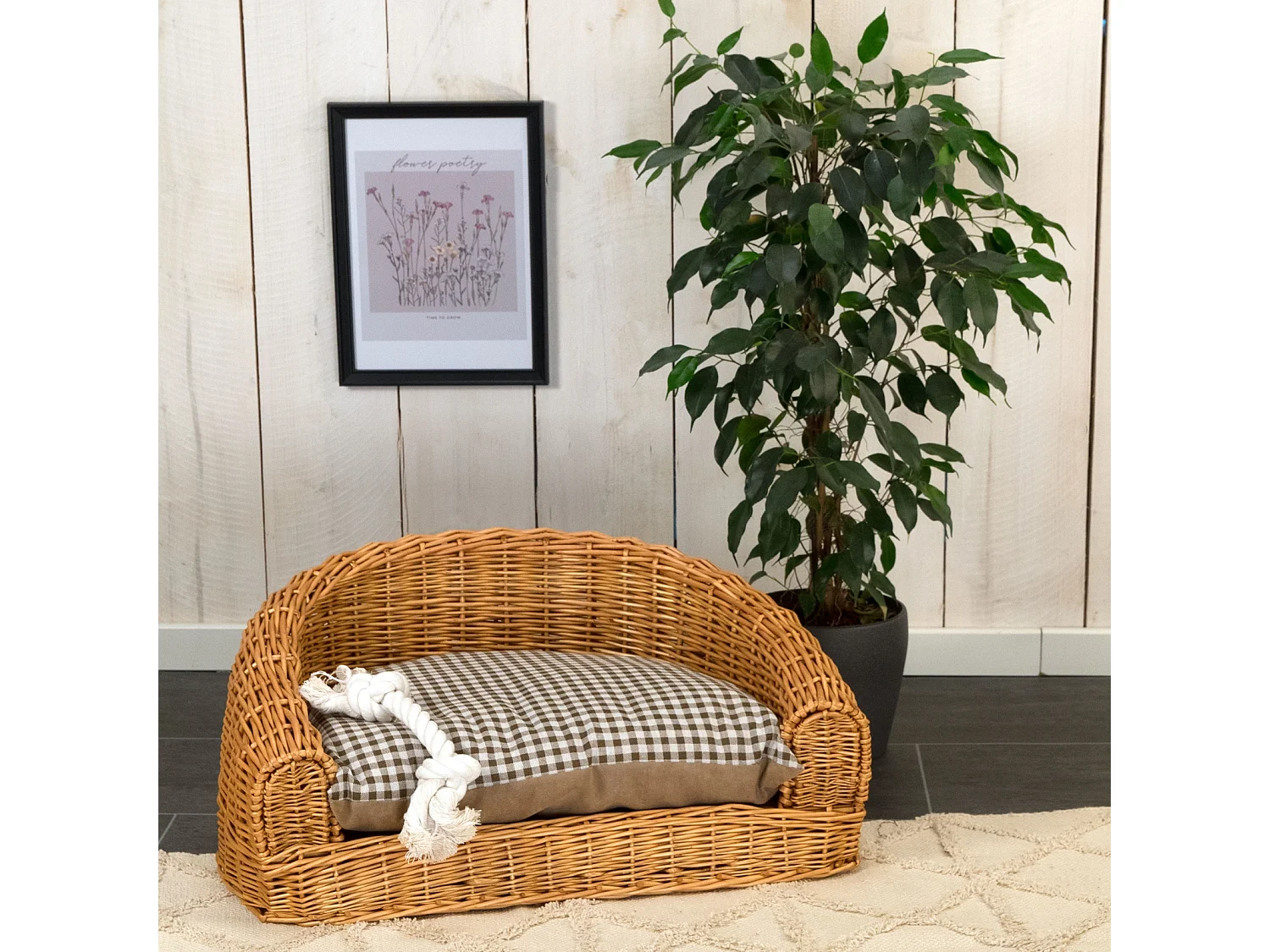 LIT POUR CHIEN Prince 64x43cm, osier tressé, avec coussin marron