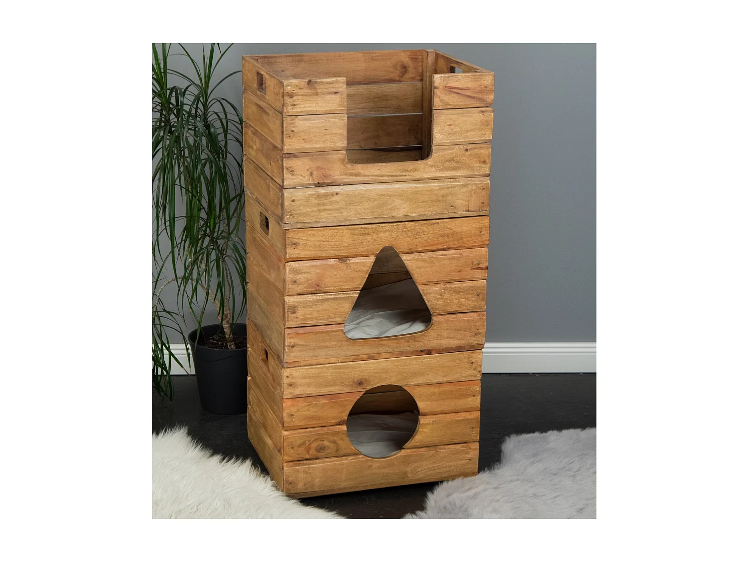 KATZENHÖHLEN-SET Kitty 3-teilig Mahagoni Massivholz, stapelbar naturfarben