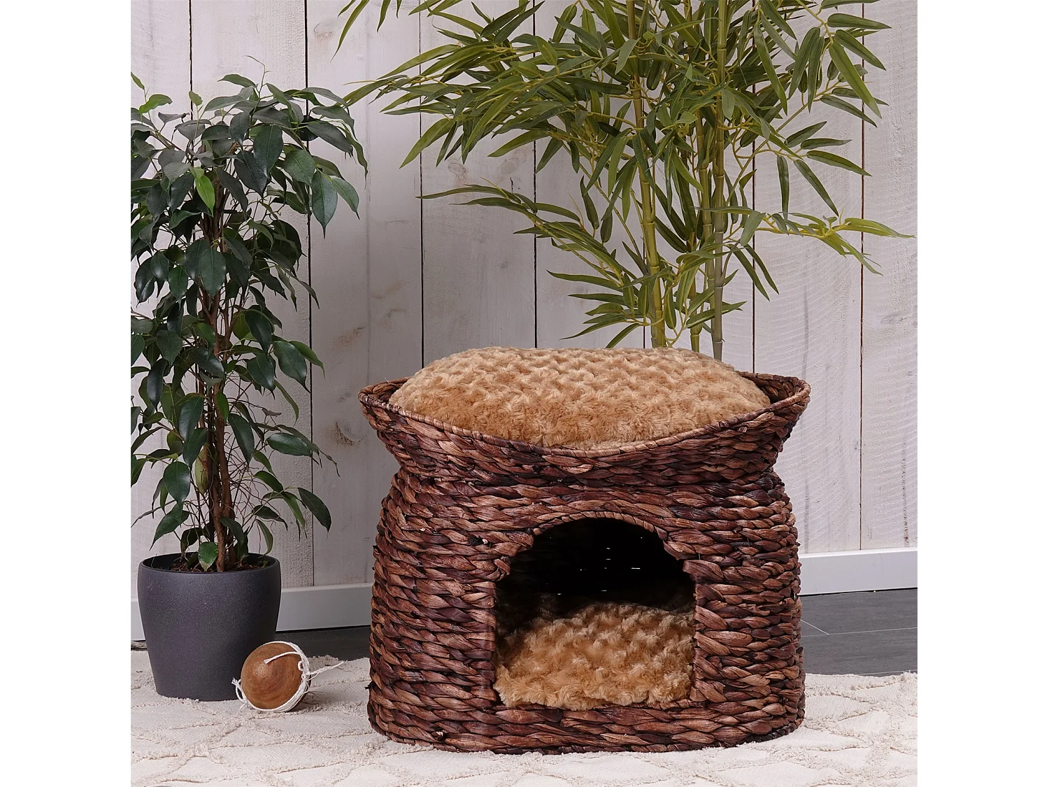 CAVERNE À CHATS Minka Jacinthe d'eau, 54 cm, avec coussin marron
