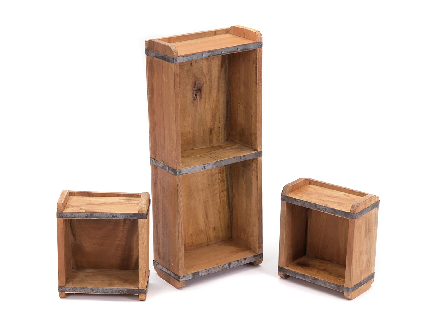 ENSEMBLE DE CAISSES Bricks III 3 pièces Bois massif en acajou, 2 tailles différentes, forme de brique couleurs naturelles