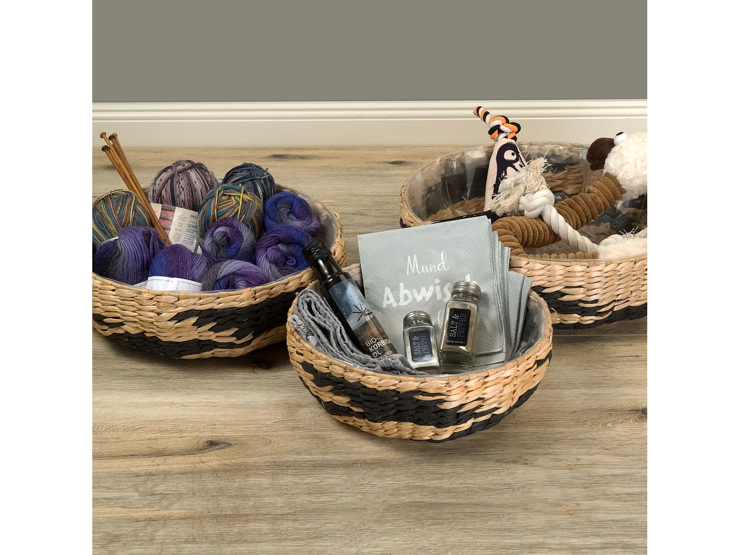 KORB-SET Taja 3-teilig verschiedene Größen, wasserdicht natur-schwarz