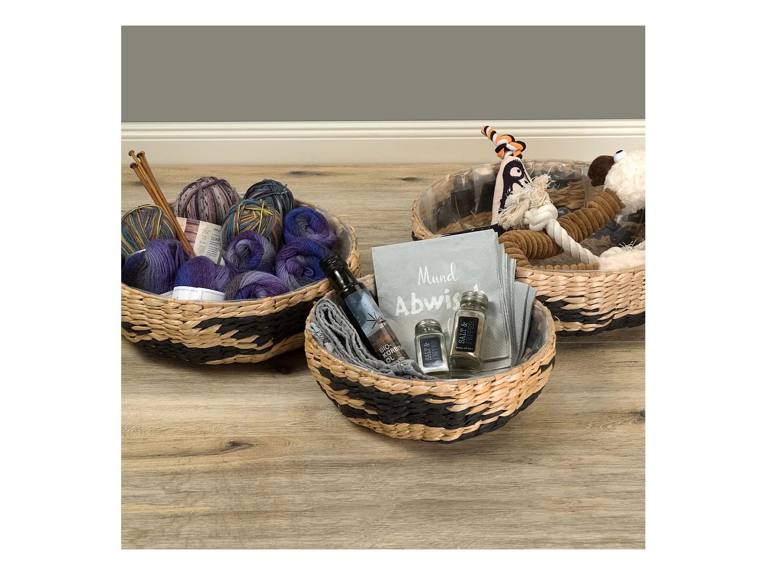 KORB-SET Taja 3-teilig verschiedene Größen, wasserdicht natur-schwarz