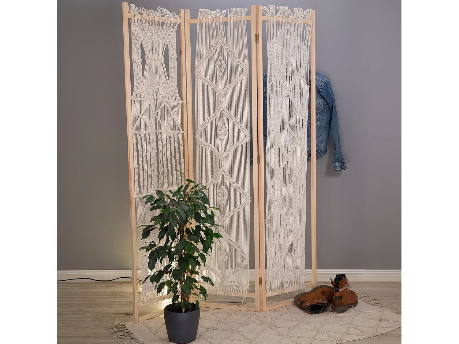 PARAVENT Boho 3 pièces. 166x123 cm, avec nouage en macramé couleurs naturelles