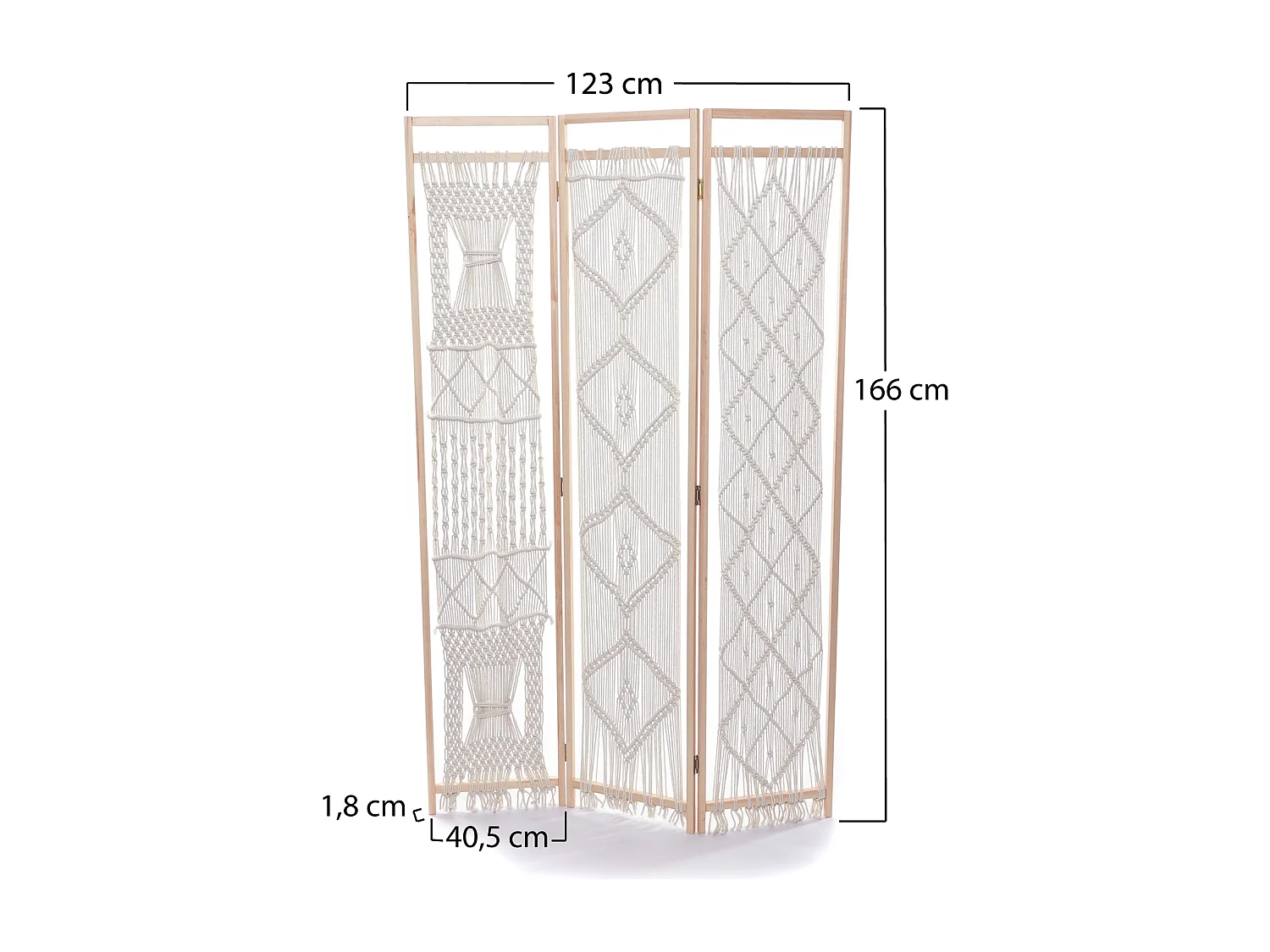 PARAVENT Boho 3 pièces. 166x123 cm, avec nouage en macramé couleurs naturelles