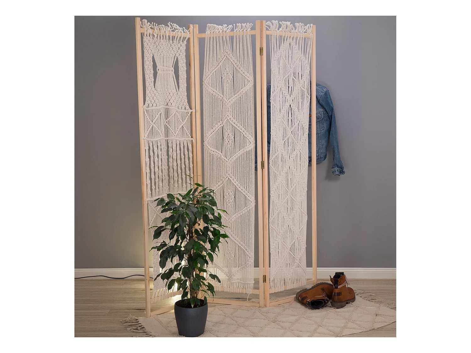RAUMTEILER Boho 3-tlg. 166x123 cm, mit Makramee-Knüpfung naturfarben